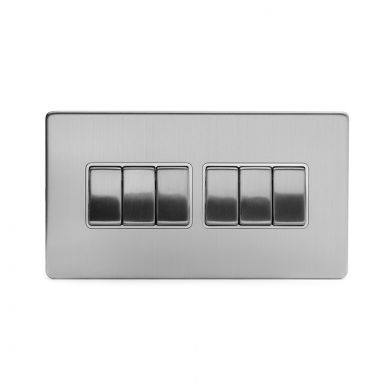 Brushed Chrome 10A 6 Gang 2 Way Switch With White insert