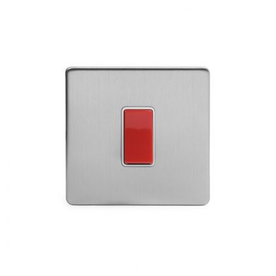 Brushed Chrome 45A 1 Gang Double Pole Switch, Single Plate with White Insert