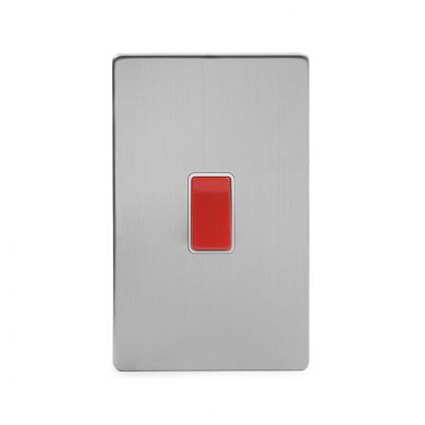 Brushed Chrome 45A 1 Gang Double Pole Switch, Large Plate with White Insert