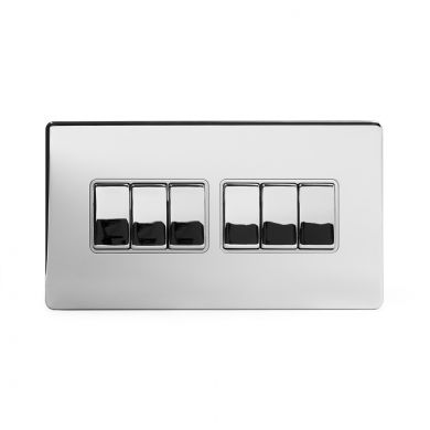 Polished Chrome 10A 6 Gang 2 Way Switch With White insert