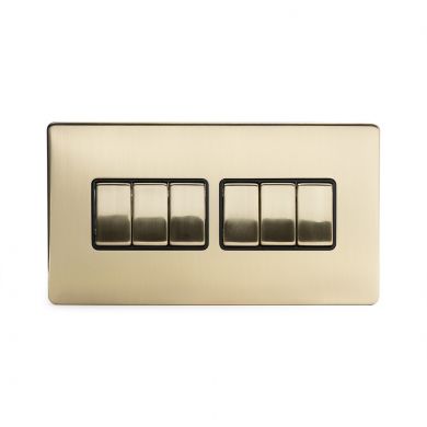 24k Brushed Brass 6 Gang 2 Way Switch with Black Insert