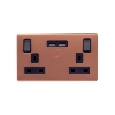 Lieber Brushed Copper 13A 2 Gang Switched DP Socket 2xUSB Outlet (4.8A) - Black Insert Screwless