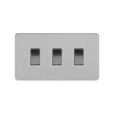 Soho Lighting Brushed Chrome Flat Plate 10A 3 Gang Switch on Double Plate 2 Way Wht Ins Screwless