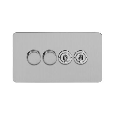 Soho Lighting Brushed Chrome Flat Plate 4 Gang Switch with 2 Dimmers (2x150W LED Dimmer 2x20A 2 Way Toggle)
