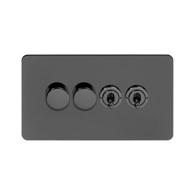 Soho Lighting Black Nickel Flat Plate 4 Gang Switch with 2 Dimmers (2x150W LED Dimmer 2x20A 2 Way Toggle)
