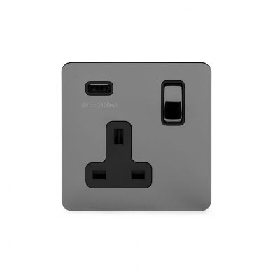 Soho Lighting Black Nickel Flat Plate 13A 1 Gang DP USB Switched Socket (USB Output 2.1amp) Blk Ins Screwless