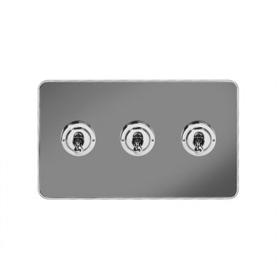 Soho Fusion Black Nickel & Polished Chrome With Chrome Edge 20A 3 Gang Intermediate Toggle White Inserts Screwless