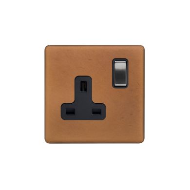 Soho Fusion Antique Copper & Brushed Chrome 13A 1 Gang Switched Socket, DP Black Insert Screwless