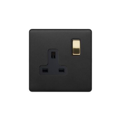 Soho Fusion Matt Black & Brushed Brass 13A 1 Gang Switched Socket, DP Black Insert Screwless