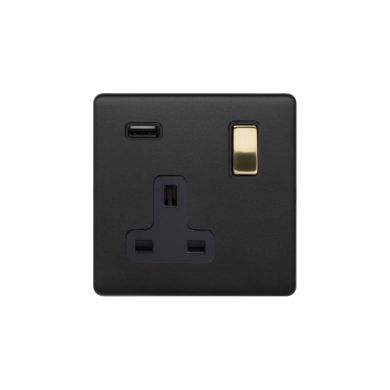 Soho Fusion Matt Black & Brushed Brass 13A 1 Gang DP USB Socket (USB 2.1amp) Black Insert Screwless