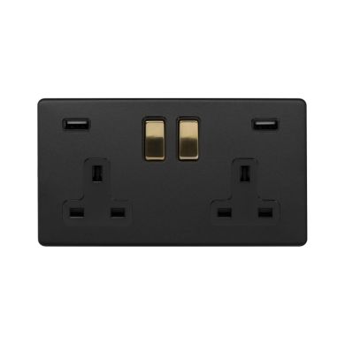 Soho Fusion Matt Black & Brushed Brass 13A 2 Gang DP USB Socket (USB 4.8amp) Black Insert Screwless