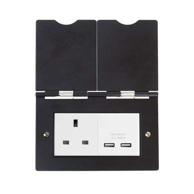 Soho Lighting Matt Black & White Screwless Double Floor Outlet 13Amp Socket & USB Charger