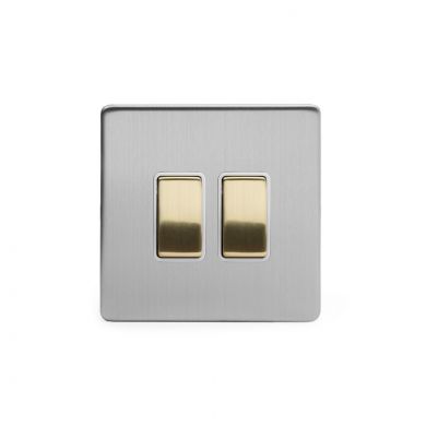 Soho Fusion Brushed Chrome & Brushed Brass 20A 2 Gang 2 Way Switch White Inserts Screwless