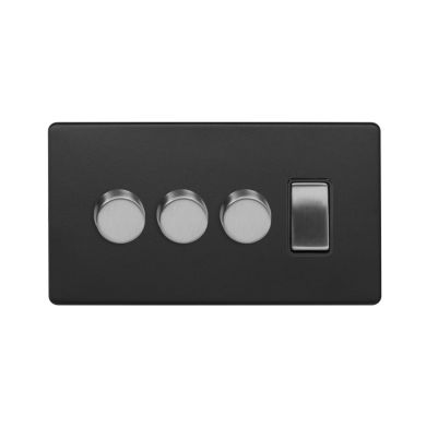 Soho Fusion Matt Black & Brushed Chrome 4 Gang Switch with 3 Dimmers (3x150W LED Dimmer 1x20A Switch)