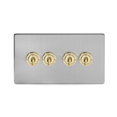 Soho Fusion Brushed Chrome & Brushed Brass 20A 4 Gang 2 Way Toggle Switch White Inserts Screwless