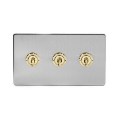 Soho Fusion Brushed Chrome & Brushed Brass 20A 3 Gang Intermediate Toggle White Inserts Screwless