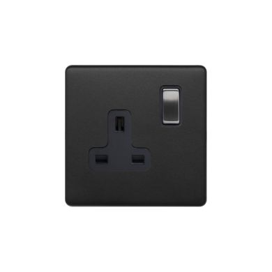 Soho Fusion Matt Black & Brushed Chrome 13A 1 Gang Switched Socket, DP Black Insert Screwless