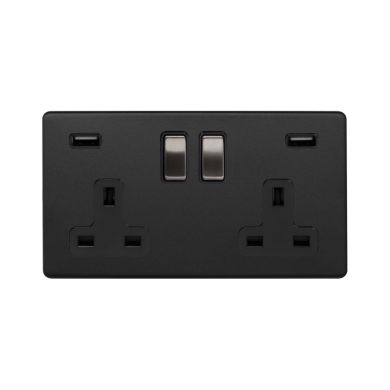 Soho Fusion Matt Black & Brushed Chrome 13A 2 Gang DP USB Socket (USB 4.8amp) Black Insert Screwless