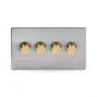 Soho Fusion Brushed Chrome & Brushed Brass 250W 4 Gang 2 Way Trailing Dimmer White Inserts Screwless