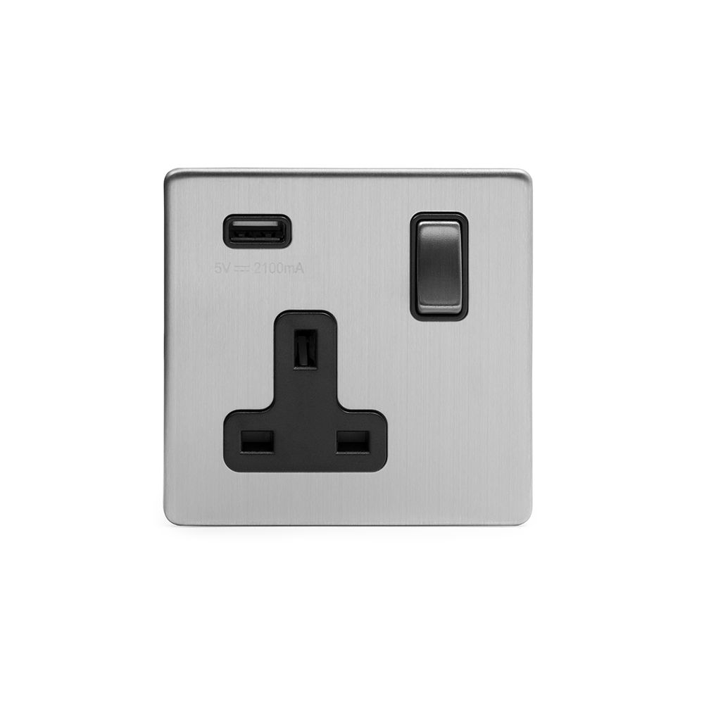 Brushed Chrome 1 Gang USB Socket with Black Insert Elesi