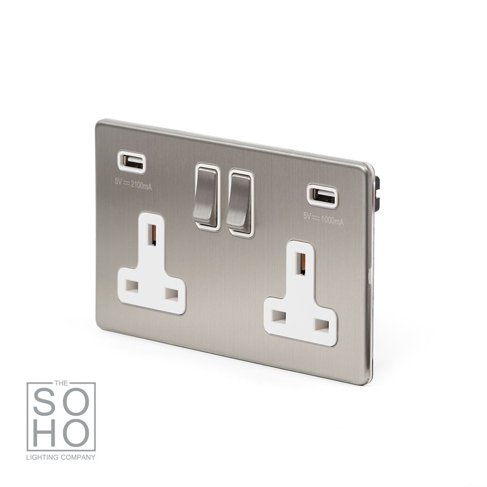 Brushed Chrome 2 Gang USB Socket with white Insert Elesi