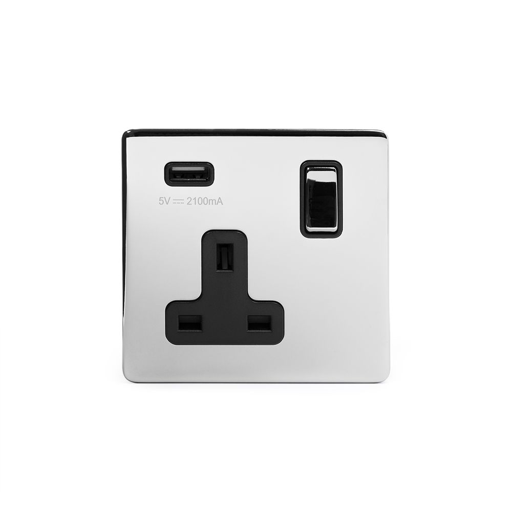 Polished Chrome 1 Gang USB Socket with Black Insert Elesi