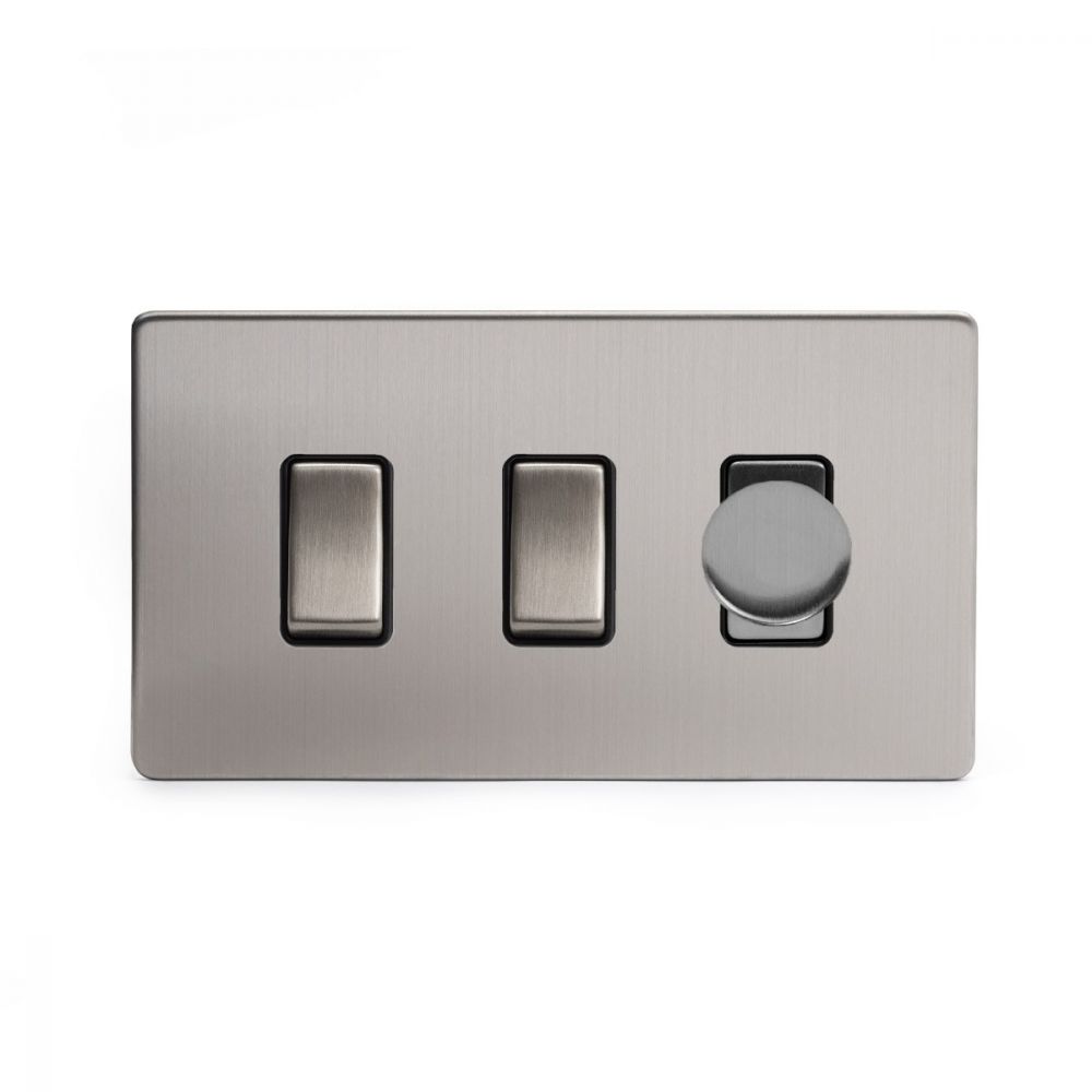 Soho Lighting Brushed Chrome & Black 3 Gang Light Switch with 1 dimmer (2x 2 Way Switch & 250w