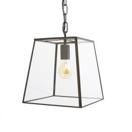 London Geotrapeze Metal Glass Lantern Pendant Light with Chain Small Blackened Brass