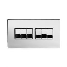 Polished Chrome 6 Gang 2 Way Switch with Black Insert