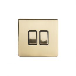 24k Brushed Brass 2 Gang Intermediate Switch with Black Insert