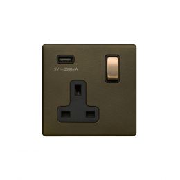 Soho Lighting Bronze 13A 1 Gang DP USB Socket (USB 2.1amp) Black Inserts Screwless