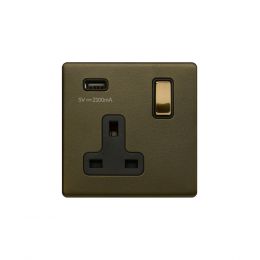 Soho Fusion Bronze & Brushed Brass 13A 1 Gang DP USB Socket (USB 2.1amp) Black Inserts Screwless