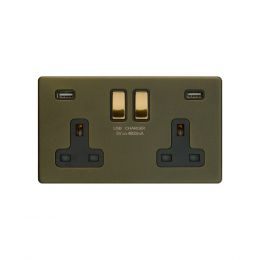 Soho Fusion Bronze & Brushed Brass 13A 2 Gang DP USB Socket (USB 4.8amp) Black Inserts Screwless
