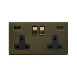 Soho Fusion Bronze & Brushed Brass 2 Gang USB  A+C Socket (13A Socket + 2 USB Ports A+C 3.1A)