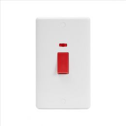 Lieber Silk White 45A 1 Gang Double Pole Switch With Neon, Large Plate - Curved Edge