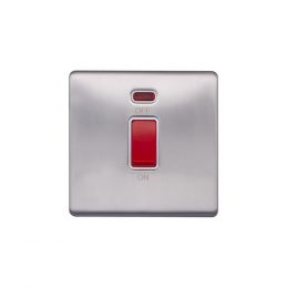Lieber Brushed Chrome 45A 1 Gang Double Pole Switch, Single Plate - White Insert Screwless