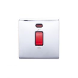 Lieber Polished Chrome 45A 1 Gang Double Pole Switch, Single Plate - Black Insert Screwless