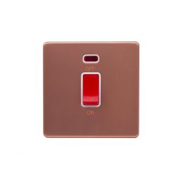 Lieber Brushed Copper 45A 1 Gang Double Pole Switch, Single Plate - White Insert Screwless