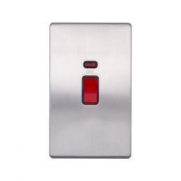 Lieber Brushed Chrome 45A 1 Gang Double Pole Switch & Neon, Large Plate - Black Insert Screwless