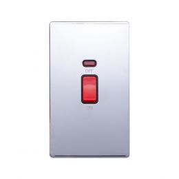 Lieber Polished Chrome 45A 1 Gang Double Pole Switch & Neon, Large Plate - Black Insert Screwless