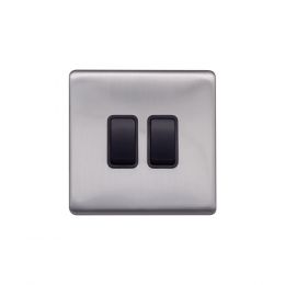 Lieber Brushed Chrome 10A 2 Gang 2 Way Switch - Black Insert Screwless