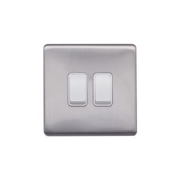 Lieber Brushed Chrome 10A 2 Gang 2 Way Switch - White Insert Screwless