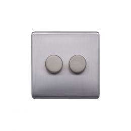 Lieber Brushed Chrome 2 Gang 2 Way Intelligent Trailing Dimmer Screwless 100W LED (250w Halogen/Incandescent)