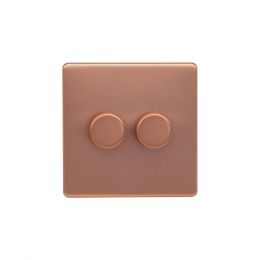 Lieber Brushed Copper 2 Gang 2 Way Intelligent Trailing Dimmer Screwless 100W LED (250w Halogen/Incandescent)