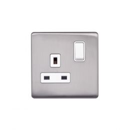 Lieber Brushed Chrome 13A 1 Gang Switched Socket, Double Pole - White Insert Screwless