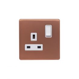 Lieber Brushed Copper 13A 1 Gang Switched Socket, Double Pole - White Insert Screwless