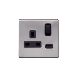 Lieber Brushed Chrome 13A 1 Gang Switched Socket (3.1A) USB Outlet - Black Insert Screwless
