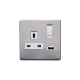 Lieber Brushed Chrome 13A 1 Gang Switched Socket (3.1A) USB Outlet - White Insert Screwless