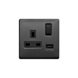 Lieber Black Nickel 13A 1 Gang Switched Socket (3.1A) USB Outlet - Black Insert Screwless