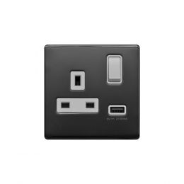 Lieber Black Nickel 13A 1 Gang Switched Socket (3.1A) USB Outlet - White Insert Screwless